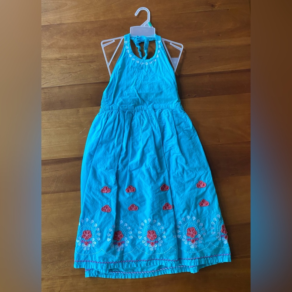 Mini Boden girl’s 9-10 y.o. blue halter-neck embroidered sun dress